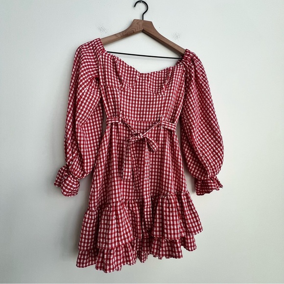 Anthro Maeve Bare Red Gingham Off Shoulder Frill Ruffled Mini Dress picnic girl - Picture 5 of 16